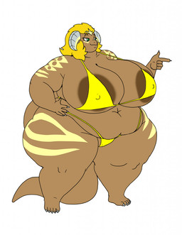 anthro areola areola_slip belly big_breasts bikini biped blonde_hair breasts brown_areola brown_body brown_scales cleavage clothed clothing curvy_figure deep_navel female gesture green_eyes hair half-closed_eyes hand_gesture hand_on_hip horn huge_breasts narrowed_eyes navel nipple_outline obese obese_anthro obese_female overweight overweight_anthro overweight_female pointing scales simple_background skimpy solo standing striped_body striped_scales stripes swimwear tail thick_thighs two-piece_swimsuit white_background wide_hips vdisco capcom monster_hunter mythology vandrya_draesia dragon elder_dragon kulve_taroth mythological_creature mythological_scalie scalie hi_res