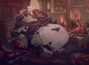 alcohol anthro armor belly beverage big_belly black_hair black_nose bloated bone broken_armor clothing container cup detailed_background fangs fantasy feast food fur furniture hair huge_belly male meat mug obese obese_male overweight overweight_male sharp_teeth smile solo stuffing table teeth torn_clothing wardrobe_malfunction weight_gain white_body white_fur yellow_eyes daddyzagur canid canine canis mammal wolf