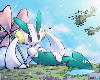 aircraft ambiguous_gender attack attack_helicopter building city flower giga helicopter lake logo looking_down lying macro mitten_hands no-sell on_side outside plant road shooting smile solo spade_tail tail tank_(vehicle) teal_body vehicle white_body orez-suke nintendo pokemon eternea_(boolerex) floette generation_6_pokemon pokemon_(species) 2022 5:4 artist_logo digital_drawing_(artwork) digital_media_(artwork) hi_res watermark