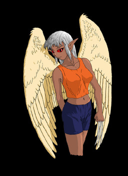 3_claws black_background blue_bottomwear blue_clothing blue_shorts bottomwear breasts claws clothed clothing dark_body dark_skin feathered_wings feathers female fist grey_hair hair hands_behind_back humanoid_pointy_ears long_ears looking_at_viewer midriff navel not_furry orange_clothing orange_topwear orange_vest pointy_ears red_sclera shadow shorts simple_background smile solo topwear vest wings unknown_artist elf humanoid character_request