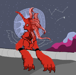 ambiguous_gender anthro armwear blood bodily_fluids body_horror cheek_tuft clothing excessive_blood facial_tuft fluffy gore halo horn markings mountain multicolored_neck neck_floof railing red_body ribs skinny solo standing star tentacles tuft allycatboom roblox c00lkidd_(roblox) drakobloxxer robloxian digital_media_(artwork) shaded simple_shading