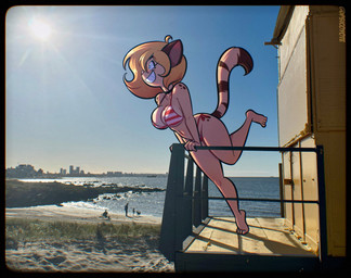 4_toes anthro barefoot beach big_breasts bikini blonde_hair blue_eyes breasts clothing eyebrows eyelashes feet female freckled_hips freckled_shoulders freckles fur hair markings mole_(marking) mole_on_breast mole_under_eye one_leg_up outside pattern_bikini pattern_clothing pattern_swimwear photo_background plantigrade raised_leg side-tie_bikini smile solo string_bikini striped_bikini striped_clothing striped_swimwear stripes swimwear tan_body tan_fur thick_thighs toes triangle_bikini two-piece_swimsuit under_boob wide_hips psicoyote cassandra_(psicoyote) domestic_cat felid feline felis mammal 2025 hi_res mixed_media photography_(artwork)