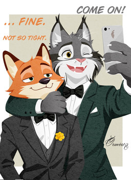 anthro bow_tie clothing duo electronics formal_wear male male/male one_eye_closed phone selfie smile suit text wink oravert69522 disney zootopia nick_wilde pawbert_lynxley canid canine felid feline fox lynx mammal english_text hi_res