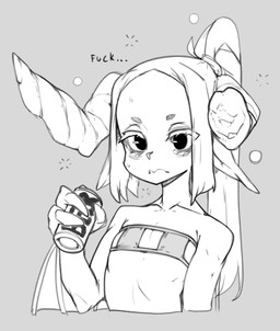 aged_up alcohol beer beverage beverage_can bikini bikini_top broken_horn circle_eyebrows clothing drunk eye_bags eyebrows female flat_chested hair horn ponytail simple_background slim solo substance_intoxication swimwear two-piece_swimsuit winged_arms wings slugbox evdokiya demon demon_humanoid humanoid 2023 hi_res monochrome