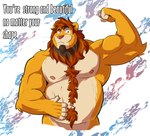 anthro biceps blue_eyes flexing fur looking_at_viewer male mane multicolored_body multicolored_fur muscular muscular_male nipples nude orange_body orange_fur shirtless_male smile smiling_at_viewer solo tan_body tan_fur text albertmg33_(artist) lionel_musclelion felid lion mammal pantherine hi_res