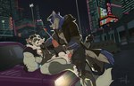4_toes animal_genitalia animal_penis anthro balls barazoku barefoot beard blue_body blue_fur bodily_fluids bottomless bottomwear building canine_genitalia canine_penis city cityscape claws clenched_teeth clothed clothed_sex clothing cum cum_inside cum_on_face cum_while_penetrated cyberpunk detailed_background dominant dominant_male duo ear_piercing erection eyes_closed facial_hair feet fur genital_fluids genitals grey_body grey_fur hair hand_on_neck hands_behind_back harness humanoid_genitalia humanoid_penis jacket knot knotted_penis leg_markings lying male male/male markings multicolored_body multicolored_fur mustache neon_lights night nipple_piercing nipples on_back on_car pants pawpads paws penetration penis penis_grab piercing pointy_ears prick_ears sex shinguards shirt skyscraper socks_(marking) submissive submissive_male table_lotus_position tail tank_top teeth text toe_claws toeless_(marking) toes topwear russell_allen vaynard canid canine fox mammal digital_media_(artwork) hi_res japanese_text signature
