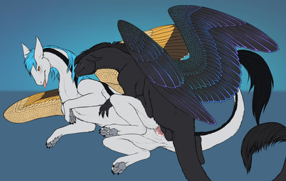 4_toes balls black_body black_claws black_feathers black_fur black_mane blue_background blue_mane blush bodily_fluids brown_body brown_eyes brown_feathers claws cum cum_in_vagina cum_inside digitigrade duo ears_down ejaculation erection eyes_closed feathered_wings feathers feet female female_on_bottom female_penetrated feral feral_on_feral feral_penetrated feral_penetrating feral_penetrating_feral from_behind_position fur genital_fluids genitals iridescent iridescent_feathers iridescent_wings licking long_neck lying male male/female male_on_top male_penetrating male_penetrating_female mane neck_lick on_bottom on_side on_top pawpads paws penetration penile penile_penetration penis penis_in_vagina pivoted_ears sex simple_background snout spread_wings step_pose step_position tail tail_tuft toes tongue tongue_out torso_grab tuft vaginal vaginal_penetration vulva white_body white_fur wings yaroul mythology dragon feathered_dragon feathered_scalie furred_dragon furred_scalie mythological_creature mythological_scalie scalie