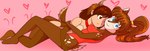 animal_ears anthro arm_hair bed bell bell_collar blue_eyes body_hair brown_body brown_eyes brown_fur brown_hair clothing collar duo feet female female/female fur furniture hair hairy_legs heart_symbol horn humanoid_feet humanoid_hands leotard looking_away markings on_bed one_eye_closed plantigrade ponytail smile tan_markings sailor_bomber cabrita_(akubon) nidea_(akubon) animal_humanoid bovid caprine deer goat horned_humanoid humanoid mammal absurd_res hi_res