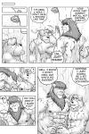 2:3 abs anthro biceps canid canine canis comic communal_shower dialogue domestic_dog duo english_text felid fur greyscale hair lion male male/male mammal monochrome muscular nipples nude pantherine pecs ring ryuu_majin shower text