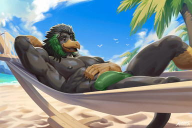 ball_slip beach clothing genitals green_clothing green_underwear hammock humanoid_genitalia lying male on_back outside pecs plant solo tree underwear amon-sydonai space_station_13 bishbabe alien vox_(space_station_13) hi_res