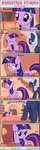 bandage bandaged_horn bangs black_border border cutie_mark dialogue door doorknob duo ears_up eyes_closed female feral frown horn inside open_mouth smile stairs text estories friendship_is_magic hasbro my_little_pony mythology silverlay_(estories) twilight_sparkle_(mlp) equid equine mammal mythological_creature mythological_equine unicorn absurd_res comic english_text hi_res url