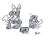 3_fingers 3_toes ambiguous_gender anthro controller duo electronics feet fingers fur game_console game_controller gaming handheld_console holding_object joycon_controller looking_at_another nintendo_console nintendo_controller open_mouth simple_background sitting smile switch_console toes advos nintendo nintendo_switch pokemon canid canine generation_4_pokemon lucario mammal pokemon_(species) riolu 5:4 artist_name digital_media_(artwork) hi_res