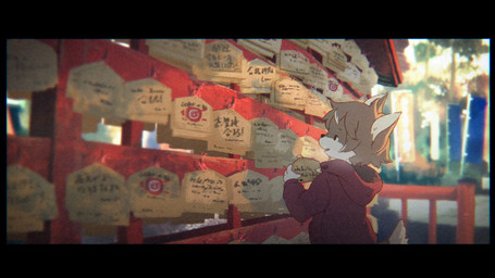 anthro black_border border clothing hoodie japan kemono looking_aside male red_clothing red_hoodie red_topwear shinto_shrine shrine solo topwear young young_anthro young_male nishiko24 ookami_(nishiko24) canid canine canis mammal wolf 16:9 2020 hi_res japanese_description widescreen