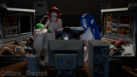 6_breasts 6_fingers 6_nipples annoyed anthro blue_eyes blue_hair breasts butt clothed clothed_human clothing computer desk electronics female fingers fully_clothed fully_clothed_human furniture genitals green_eyes green_hair group hair humanoid_genitalia humanoid_vulva inside looking_at_another male male/female multi_breast multi_nipple nipples red_hair spread_butt spreading table text vulva office_depot_(artist) fallkener_(modeler) samzan_(modeler) voices_of_the_void dr._kel ariral felid feline human mammal 16:9 3d_(artwork) digital_media_(artwork) english_text hi_res widescreen
