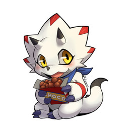 anthro blush candy chocolate claws dessert food horn kerchief male neckerchief neckwear open_mouth open_smile simple_background sitting smile solo tail white_background white_body yellow_eyes rokuromon bandai_namco digimon digimon_(species) gammamon hi_res