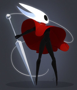 anthro black_body black_eyes cloak clothing female horn melee_weapon red_cloak red_clothing solo standing weapon punipaws hollow_knight_(franchise) team_cherry hornet_(hollow_knight) arthropod insect 2025 hi_res