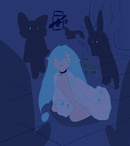 anthro blue_eyes blue_hair clothed clothing collar collar_tag female group hair hair_over_eye kneeling long_hair one_eye_obstructed partially_clothed shadow silhouette solo_focus text white_clothing unknown_artist animal_humanoid goo_creature humanoid blue_theme digital_media_(artwork) full-length_portrait hi_res portrait sketch source_request translation_request