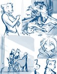 anthro blue_and_white canid canine canis cape clothing clovis_(twokinds) conditional_dnp explosion fox group hybrid keidran male mammal mentioned_character monochrome remus_(twokinds) romulus_(twokinds) sketch sythe_(twokinds) tom_fischbach twokinds wolf zen_(twokinds)