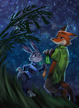 anthro clothed clothing duo female fully_clothed fur hand_in_pocket love low-angle_view male night note orange_body orange_fur outside pockets side_view sky standing star starry_sky worm's-eye_view atak_ola disney zootopia judy_hopps nick_wilde canid canine fox lagomorph leporid mammal rabbit red_fox true_fox 2018 digital_media_(artwork) digital_painting_(artwork) hi_res painting_(artwork) portrait three-quarter_portrait