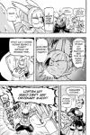 2018 anthro black_and_white breasts cleavage cleavage_cutout clothed clothing comic cookie cookie_(furryfight_chronicles) cutout daigaijin dialogue english_text female fish food furryfight_chronicles harry_fishkopp hi_res lagomorph leporid mammal marine monochrome muko rabbit salmon salmonid_(fish) speech_bubble text