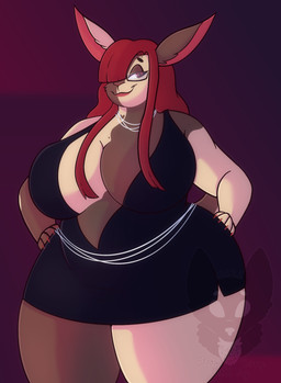 anthro bangs biped black_clothing black_dress blunt_bangs breasts brown_body brown_fur cleavage clothed clothing dress female female_anthro front_view fur hair hair_over_eye huge_thighs inner_boob jewelry lipstick long_hair makeup mottled necklace red_hair red_lipstick slightly_chubby slightly_chubby_anthro slightly_chubby_female smile solo standing tan_body tan_fur thick_thighs wide_hips strawberrymilkdog madeline_(strawberrymilkdog) domestic_rabbit lagomorph leporid mammal oryctolagus rabbit colored hi_res shaded