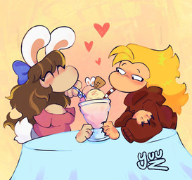 bangs beverage big_nose black_claws black_eyebrows black_eyes blonde_hair blue_bow blue_tablecloth blush bottomwear breasts brown_clothing brown_hair brown_hoodie brown_topwear canon_x_oc claws clothed clothed_female clothed_male clothing dessert drinking_milkshake drinking_straw duo eye_through_hair eyebrows eyes_closed female female_humanoid finger_claws floating_hands floating_head fluffy fluffy_tail food fully_clothed fully_clothed_female furniture grey_bottomwear grey_clothing hair happy hood_down hoodie ice_cream light long_hair looking_at_another looking_at_partner male male/female male_humanoid medium_breasts milkshake multicolored_hair scut_tail sharing_drink short_tail simple_background table tablecloth tail tan_body tan_inner_ear tan_skin text thin_eyebrows topwear translucent translucent_hair white_ears white_tail sillyhog rayman_(series) ubisoft fan_character rayman shani_(shanisapphireart) animal_humanoid humanoid hybrid lagomorph lagomorph_humanoid leporid leporid_humanoid mammal mammal_humanoid rabbit rabbit_humanoid raypeople_(rayman) 2025 artist_name colored digital_drawing_(artwork) digital_media_(artwork) english_description hi_res lighting shaded