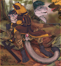 after_kiss ambiguous_gender ambiguous_penetrated anal anal_penetration anthro anthro_on_feral anthro_penetrating anthro_penetrating_feral army army_clothing army_outfit army_uniform bestiality black_lips blue_eyes blue_hair bodily_fluids bottomwear brown_body brown_fur bulletproof_vest camo camo_bottomwear camo_clothing camo_pants camo_print camo_shirt camo_topwear camo_vest close-up clothing cowgirl_position cum cum_in_ass cum_inside cumshot cumshot_in_ass duo ejaculation erection exposed_balls fence feral feral_penetrated from_front_position fur genital_fluids genitals german_flag grey_body grey_fur gun hair harness kissing lips male male/ambiguous male/male male_anthro male_on_feral male_penetrating male_penetrating_ambiguous military military_clothing military_gear military_pants military_uniform military_vest on_bottom on_top open_mouth orgasm outside pants pattern_bottomwear pattern_clothing pattern_pants pattern_shirt pattern_topwear pattern_vest paws penetration penis ranged_weapon rifle saliva sex shirt soldier tactical tactical_gear tactical_load_carring_vest tactical_pants tail thick_bottom_lip tongue tongue_out topwear uniform vest warrior weapon firefangdragon ice_in_summer_(sftsl) rchevyier canid canine canis domestic_dog felid german_shepherd herding_dog mammal pantherine pastoral_dog snow_leopard hi_res