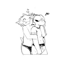 annoyed anthro black_sclera clothing duo eyes_closed face_squish fangs fur half-closed_eyes horn hug male narrowed_eyes open_mouth simple_background squish swimwear tail teeth tongue white_background moesouna_gomi mythology desire_(moesouna_gomi) i_(moesouna_gomi) dragon furred_dragon furred_scalie mythological_creature mythological_scalie scalie 1:1 2026 japanese_description monochrome