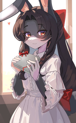 anthro brown_body brown_fur brown_hair closed_smile clothed clothing countershading dipstick_ears dress ear_markings female floppy_ears front_view fully_clothed fur gift gloves_(marking) hair holding_gift holding_object inside long_ears long_hair looking_at_viewer markings mouth_closed multicolored_ears red_eyes simple_background smile solo standing white_clothing white_dress kemo_yuki lagomorph leporid mammal rabbit hi_res portrait three-quarter_portrait