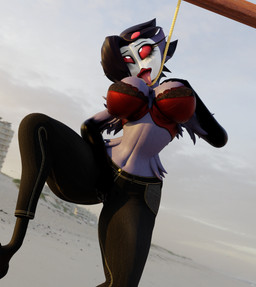 anthro asphyxiation beach beak big_breasts bottomwear bra breasts clothing crossgender dying execution feathers female fingers hair hanged mtf_crossgender noose open_mouth open_smile outside pants red_eyes rope sand seaside smile snuff solo spread_legs spreading tongue tongue_out underwear megotraun hellaverse helluva_boss stolas_(helluva_boss) avian bird demon owl owl_demon 3d_(artwork) digital_media_(artwork) hi_res