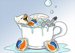 2018 ambiguous_gender avian bath beak bubble claws container cup digital_media_(artwork) eyes_closed feathers feral grey_body grey_feathers gryphon happy holding_object micro mythological_avian mythological_creature mythology open_mouth open_smile pawpads paws smile soap_bubbles solo stupidshepherd tide_(brand) tide_pod water what white_body white_feathers