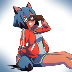 blue_hair blue_tail bottomwear breasts clothed clothing dipstick_tail dolphin_shorts female hair looking_at_viewer markings multicolored_tail red_clothing shorts sitting solo tail tail_markings teeth dingdaydream brand_new_animal studio_trigger michiru_kagemori canid canine mammal raccoon_dog tanuki 1:1