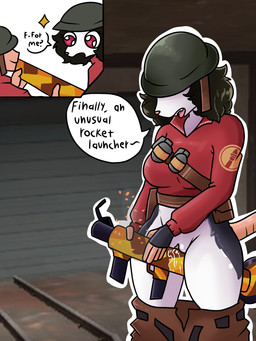 anthro armor belt big_breasts black_body black_fur black_hair bodily_fluids bottomwear bottomwear_down breasts clothed clothing dialogue duo explosives female fingerless_gloves fur genital_fluids genitals gloves grenade hair handwear headgear helmet holding_rocket_launcher improvised_sex_toy multicolored_body multicolored_fur open_mouth pants pants_down partially_clothed pink_eyes pouch_(clothing) ranged_weapon red_clothing red_shirt red_topwear rocket_launcher screencap screencap_background shirt short_hair solo_focus text tongue tongue_out topwear two_tone_body two_tone_fur vaginal_fluids vulva weapon white_body white_fur wide_eyed omegamax team_fortress_2 valve nuvia_(omegamax) soldier_(team_fortress_2) american_opossum human mammal marsupial 2026 3:4 english_text hi_res