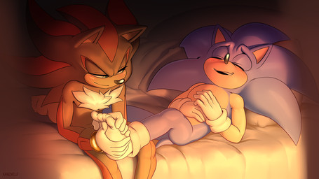 anthro bed black_body black_fur blue_body blush clothing duo eyes_closed feet foot_rub footwear fur furniture gloves hair handwear looking_at_another looking_pleasured lying male male/male narrowed_eyes on_back on_bed pillow sitting smile socks tail toes krazyelf sega sonic_the_hedgehog_(series) shadow_the_hedgehog sonic_the_hedgehog eulipotyphlan hedgehog mammal digital_media_(artwork) hi_res