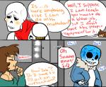 blush bodily_fluids bone caught clothing dialogue female male not_furry skeleton suggestive sweat text nsfwshamecave undertale undertale_(series) frisk_(undertale) papyrus_(undertale) sans_(undertale) animated_skeleton human mammal undead comic english_text