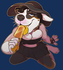 anthro bodily_fluids bottomwear clothing female food hat headgear headwear melting_ice_cream perspective popsicle sitting sitting_on_ground skirt solo summer sun_hat sweat serialdad bull_terrier canid canine canis domestic_dog hunting_dog mammal terrier alpha_channel