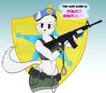 anthro ar-15 assault_rifle bottomwear bulge clothing cuff_(restraint) dialogue femboy fur gun handcuffs headgear headwear holding_object holding_weapon male metal_cuffs panties police police_badge police_hat police_officer police_uniform ranged_weapon restraints rifle shorts solo text topwear underwear uniform vest weapon white_body white_fur rorrek officer_boykisser_(junoandmaxx) silly_cat_(mauzymice) domestic_cat felid feline felis mammal english_text hi_res