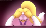 anthro bandai_namco big_breasts black_sclera blue_eyes breasts canid canine clothing digimon digimon_(species) digital_media_(artwork) drxii female fur genitals hi_res looking_at_viewer mammal nipples nude pussy renamon simple_background solo tail tuft white_body white_fur yellow_body yellow_fur
