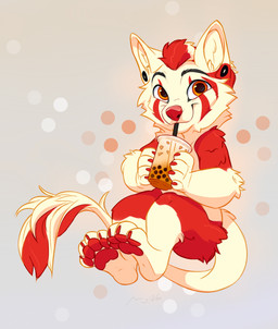 anthro beverage biped bubble_tea cheek_tuft claws closed_smile drinking eye_markings eyebrows facial_tuft front_view fur head_tuft holding_beverage holding_object looking_at_viewer male markings mouth_closed multicolored_body nude pawpads quadruped red_body red_fur red_markings red_nose simple_background smile solo tail tail_tuft toe_claws tuft two_tone_body white_body white_fur young young_anthro young_male maryvirgin mythology canid canine canis domestic_dog dragon hybrid mammal mythological_creature mythological_scalie scalie wolf 2026 absurd_res hi_res