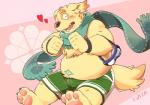 anthro belly blush bottomwear clothing eyes_closed heart_symbol humanoid_hands kemono male overweight overweight_anthro overweight_male scarf shorts solo n_gata21 lifewonders tokyo_afterschool_summoners cu_sith_(tas) canid canine canis domestic_dog mammal 2017