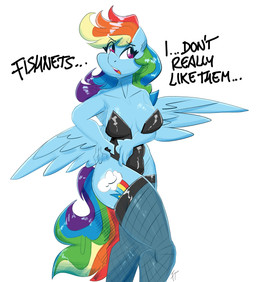 5_fingers anthro anthrofied black_clothing blue_arms blue_body blue_legs blue_wings breasts cleavage clothed clothing cutie_mark dialogue ellipsis feathered_wings feathers female fingers fishnet_clothing fishnet_legwear hair legwear long_hair multicolored_hair multicolored_tail open_mouth purple_eyes rainbow_hair rainbow_tail solo tail teeth text tongue wings flutterthrash friendship_is_magic hasbro my_little_pony mythology rainbow_dash_(mlp) equid equine mammal mythological_creature mythological_equine pegasus 2026 absurd_res english_text hi_res