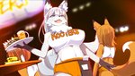 anthro big_breasts biped blue_eyes bottomwear breasts clothing cute_fangs dutch_angle eyebrow_through_hair eyebrows female food fur gloves_(marking) group hair holding_object hooters_uniform inner_ear_fluff kemono markings midriff open_mouth orange_body orange_bottomwear orange_clothing orange_fur orange_shorts orange_tail sandwich_(food) serving serving_beverage serving_food shorts solo_focus tail text text_on_clothing text_on_topwear topwear translucent translucent_hair trio tuft waiter white_body white_fur white_tail maze_mix hooters canid canine canis fox mammal wolf