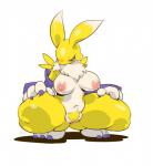 2017 anthro areola armwear bandai_namco big_breasts blush breasts canid canine clothing crouching digimon digimon_(species) digital_media_(artwork) female genitals half-closed_eyes mammal mostly_nude narrowed_eyes navel nipples pubes pussy renamon simple_background solo spread_legs spreading thick_thighs white_background woory