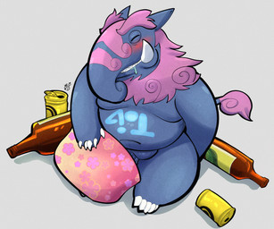 5_fingers 5_toes alcohol alcohol_bottle anthro beverage beverage_bottle blue_body blush bodily_fluids bottle can claws container covering covering_crotch covering_penis drooling drunk eyes_closed feet fingers fupa genitals hair humanoid_genitalia humanoid_penis male markings navel overweight overweight_male penis pillow pink_hair proboscis_(anatomy) saliva smile solo substance_intoxication tail teeth toes trunk_(anatomy) tusks yellowluster yu-gi-oh! number_41:_bagooska_the_terribly_tired_tapir duel_monster mammal tapir 2025 digital_drawing_(artwork) digital_media_(artwork) hi_res signature