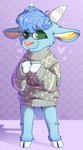 blue_body blue_fur clothing dotted_background fur green_eyes pattern_background simple_background solo stippling sweater topwear crownedvictory animal_crossing nintendo sherb_(animal_crossing) bovid caprine goat mammal 2021 hi_res