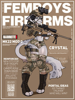 anthro armor boots bulge camo clothing digitigrade femboy footwear gun headgear helmet knee_pads legwear male ranged_weapon rifle shoes sniper_rifle solo text thigh_highs weapon marcus_gray barrett femboys_and_firearms felid feline mammal 3:4 cover english_text hi_res magazine_cover
