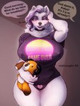 anthro big_breasts black_clothing black_panties black_underwear blush breasts clitoris clothing collar dialogue erect_nipples female genitals highlights_(coloring) morning nipple_outline nipples panties pink_blush plushie pussy shirt solo speech_bubble t-shirt talking_to_viewer topwear toy underwear malivaughn katya_(skyfur) canid canine canis domestic_dog mammal nordic_sled_dog samoyed spitz absurd_res hi_res