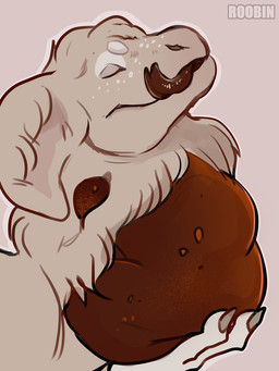 ambiguous_feral ambiguous_gender eyes_closed feral forked_tongue fur licking licking_lips licking_own_lips mouth_closed neck_bulge red_body red_tongue side_view simple_background solo text tongue tongue_out vore white_body white_ears white_fur white_inner_ear roobin artist_name