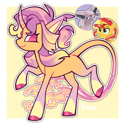 1_horn ambiguous_feral ambiguous_gender border closed_smile ear_tuft feral forehead_gem forked_tail fusion gem gradient_horn gradient_tail hair hooves horn logo long_tail looking_back mouth_closed orange_body pink_eyes pink_hair pink_hooves quadruped side_view simple_background smile solo spiral_horn tail tail_tuft tuft unusual_anatomy unusual_tail walking white_border yellow_background 3ggmilky equestria_girls hasbro my_little_pony nintendo pokemon sunset_shimmer_(eg) eeveelution equid equine espeon generation_2_pokemon mammal pokemon_(species) 1:1 2026 artist_logo crossover digital_drawing_(artwork) digital_media_(artwork) flat_colors hi_res reference_image