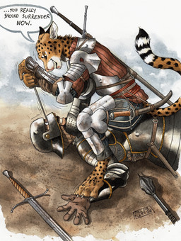 4_toes 5_fingers abstract_background anthro armor beard belt black_hair blood bodily_fluids bottomwear breastplate claws clothing couter cuisse dagger dialogue digitigrade duo facial_hair faulds feet fingers fur gambeson gloves hair hand_on_arm handwear headgear helmet holding_dagger holding_melee_weapon holding_object holding_weapon looking_down looking_down_at_another looking_up looking_up_at_another lying mace male markings melee_weapon motion_lines mustache nosebleed on_back orange_eyes pants poleyn scabbard schynbalds sitting sitting_on_another spaulder speech_bubble spots spotted_body spotted_fur spotted_markings spotted_tail straps striped_markings striped_tail stripes sword tail tail_markings text toe_claws toes vambrace weapon wide_eyed 0laffson enorach_(0laffson) cheetah felid feline human mammal 2018 dated english_text hi_res painting_(artwork) signature traditional_media_(artwork) traditional_painting_(artwork) traditional_watercolor_(artwork) watercolor_(artwork)